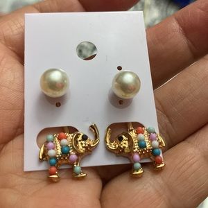 Earrings double, elephant , with gold bath 14k gold plated and multicolor